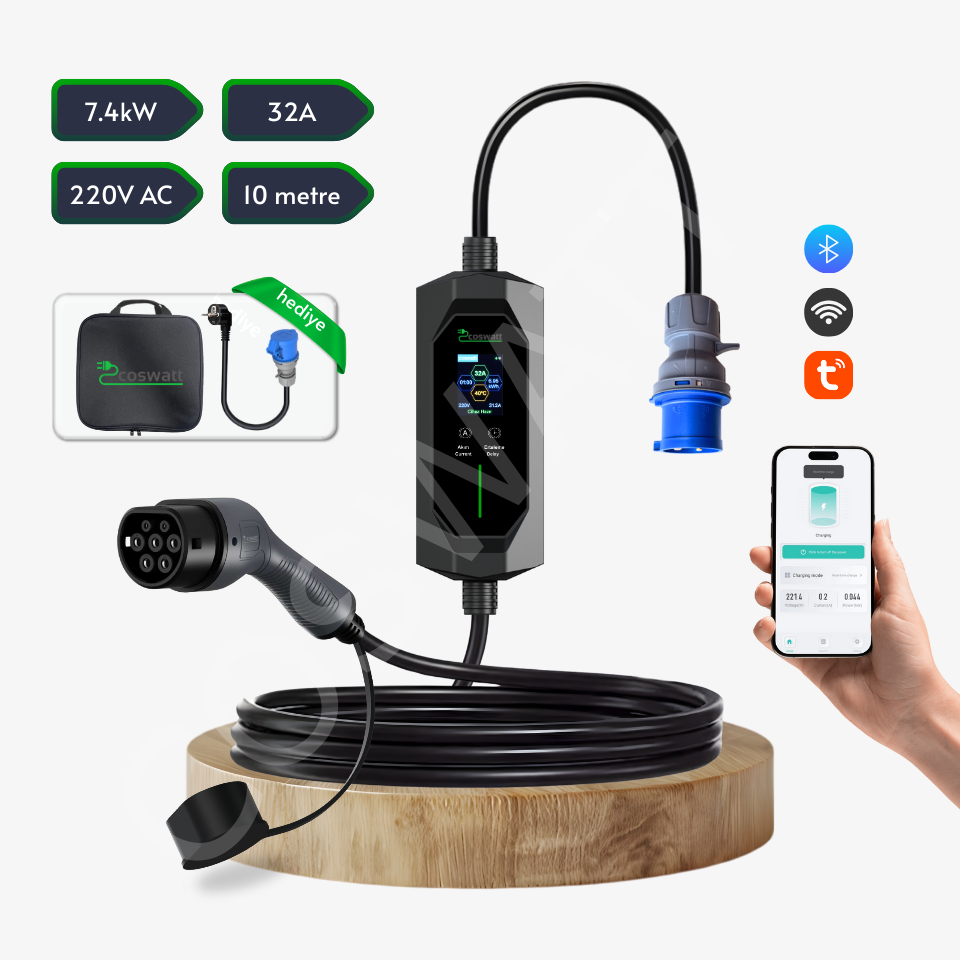 Coswatt Taşınabilir EV Şarj Cihazı CS-P1-32A / 7.4kW / 10M / Türkçe Menü / 220V AC / Tip-2 Soket / 3x32A CEE Fiş / Ev Tipi Priz Adaptörü / Taşıma Çantası