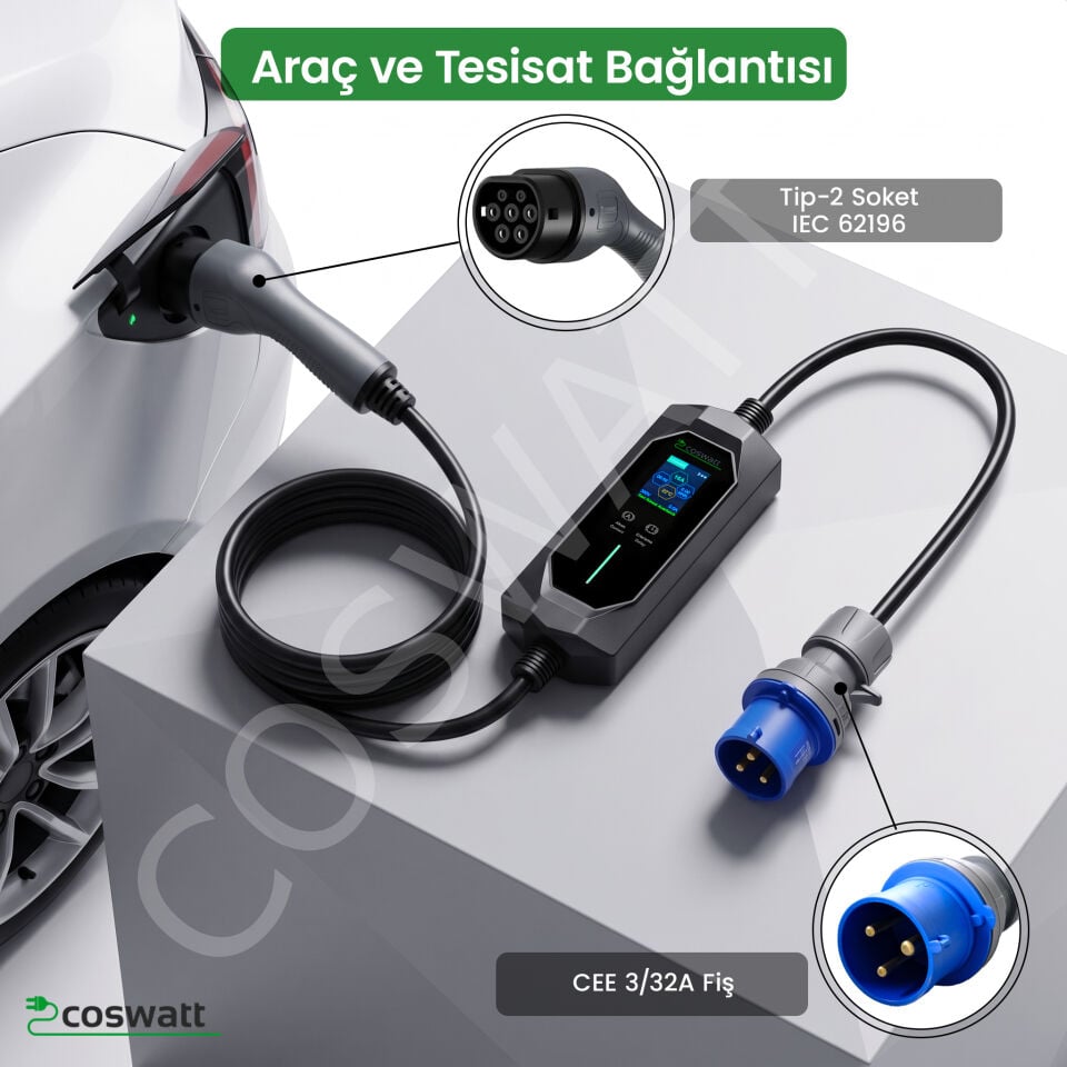 Coswatt Taşınabilir EV Şarj Cihazı CS-P1-32A / 7.4kW / 10M / Türkçe Menü / 220V AC / Tip-2 Soket / 3x32A CEE Fiş / Ev Tipi Priz Adaptörü / Taşıma Çantası