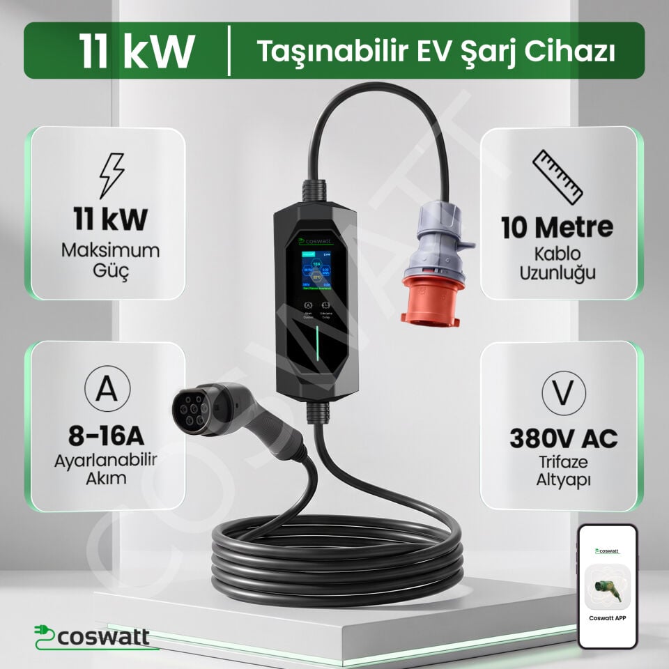 Coswatt Taşınabilir EV Şarj Cihazı CS-P3-16A / 11kW / 10M / Türkçe Menü / 380V AC / Tip-2 Soket / 5x16A CEE Fiş / Ev Tipi Priz Adaptörü / Taşıma Çantası