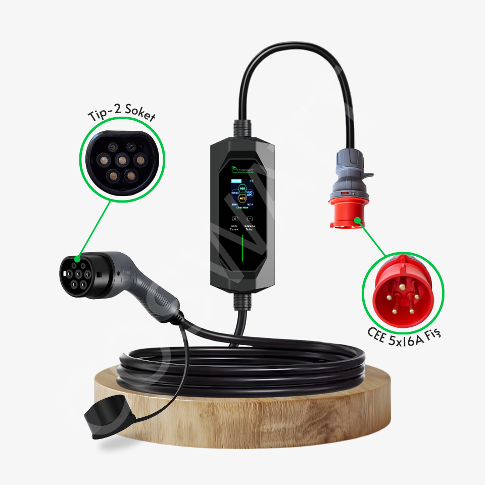 Coswatt Taşınabilir EV Şarj Cihazı CS-P3-16A / 11kW / 10M / Türkçe Menü / 380V AC / Tip-2 Soket / 5x16A CEE Fiş / Ev Tipi Priz Adaptörü / Taşıma Çantası