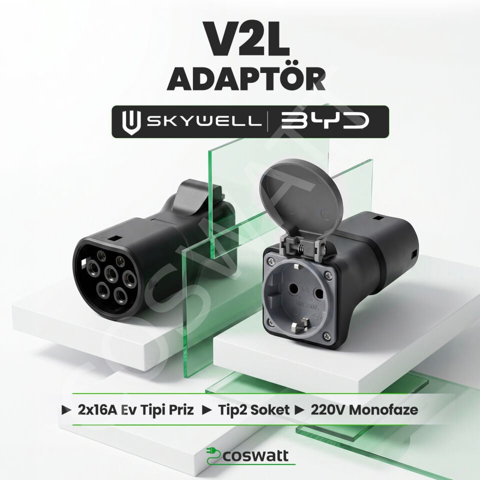 Coswatt V2L Adaptörü (Vehicle-to-Load) / 220V AC 2x16A Ev Tipi Priz / BYD ve Skywell Uyumlu