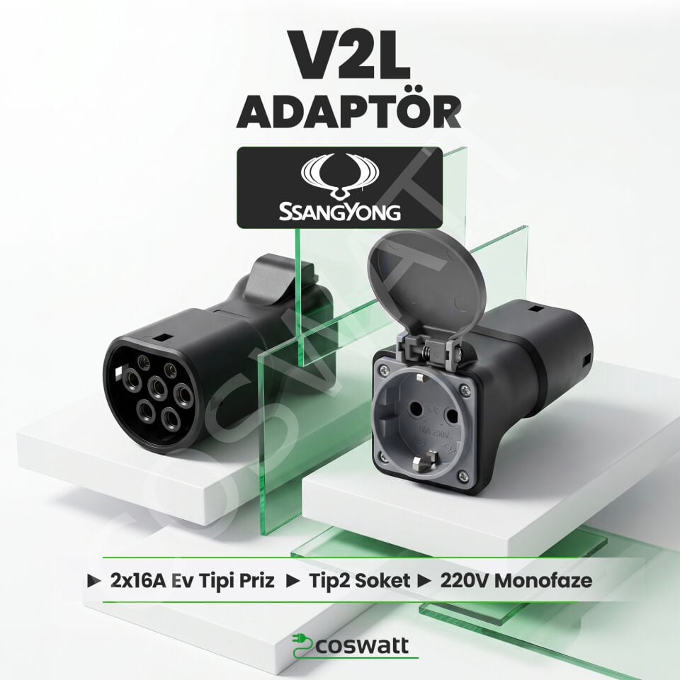 Coswatt V2L Adaptörü (Vehicle-to-Load) / 220V AC 2x16A Ev Tipi Priz / SSangYong Uyumlu