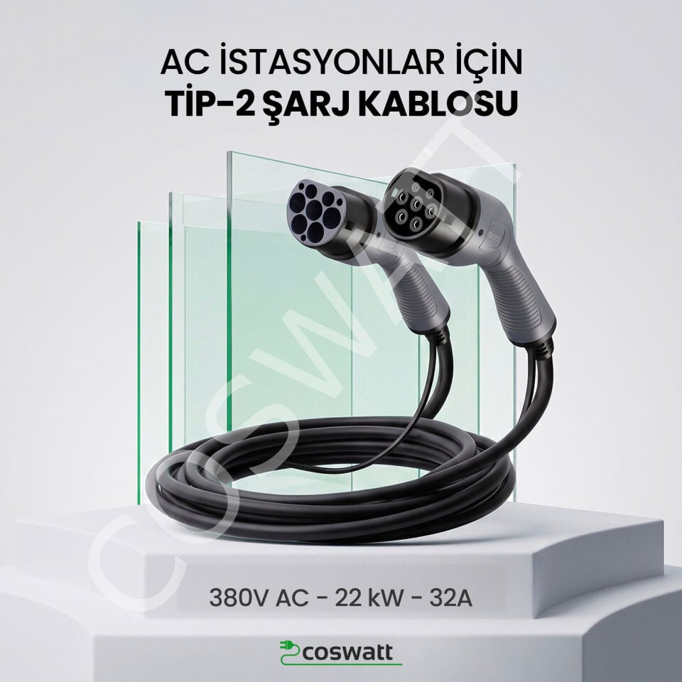 Coswatt Tip-2 Şarj Kablosu 22 kW / 32A / 8m Kablolu / 380V AC İstasyon / IEC 62196 / Taşıma Çantası Hediyeli(Kopya)