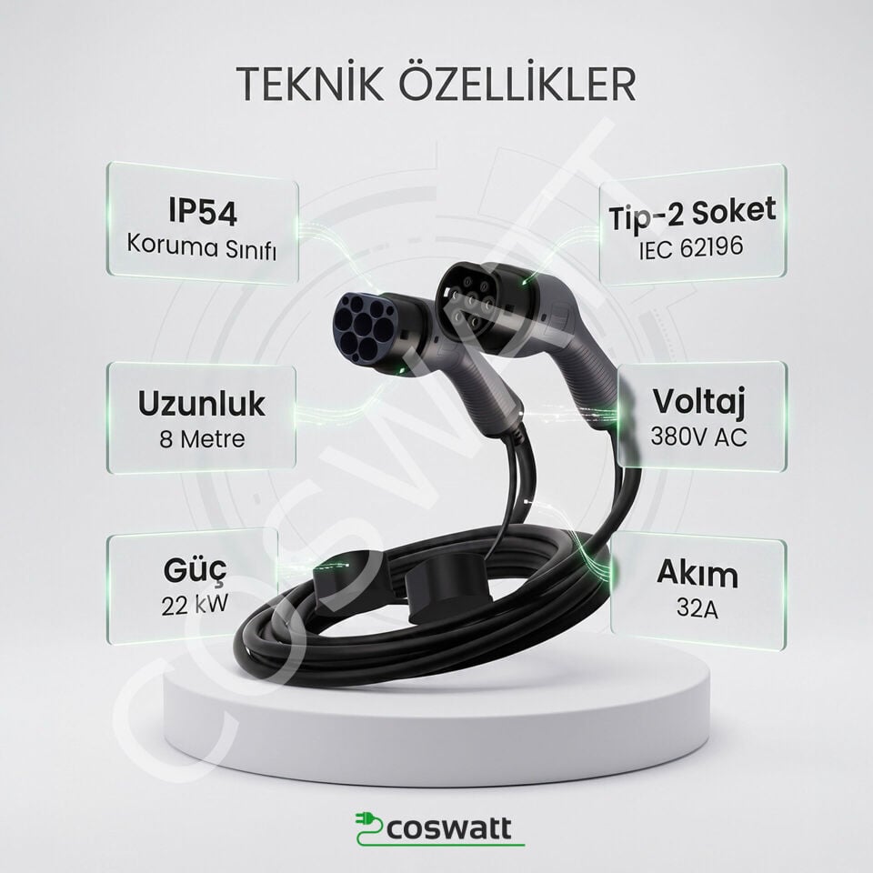 Coswatt Tip-2 Şarj Kablosu 22 kW / 32A / 8m Kablolu / 380V AC İstasyon / IEC 62196 / Taşıma Çantası Hediyeli(Kopya)